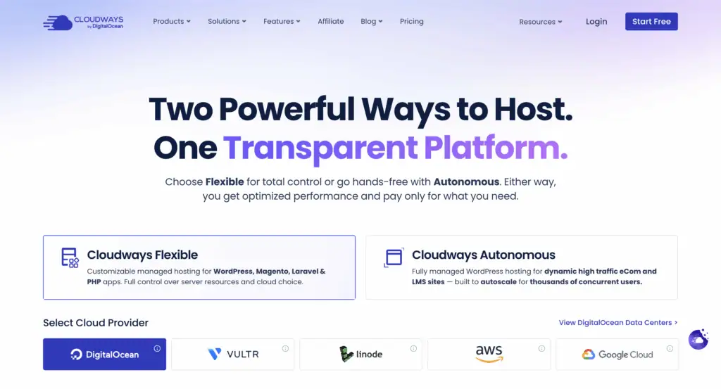 Cloudways – web hosting homepage screenshot