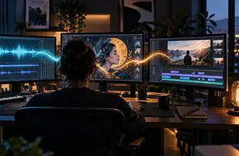 Creator working with music, image, and video tools on three screens