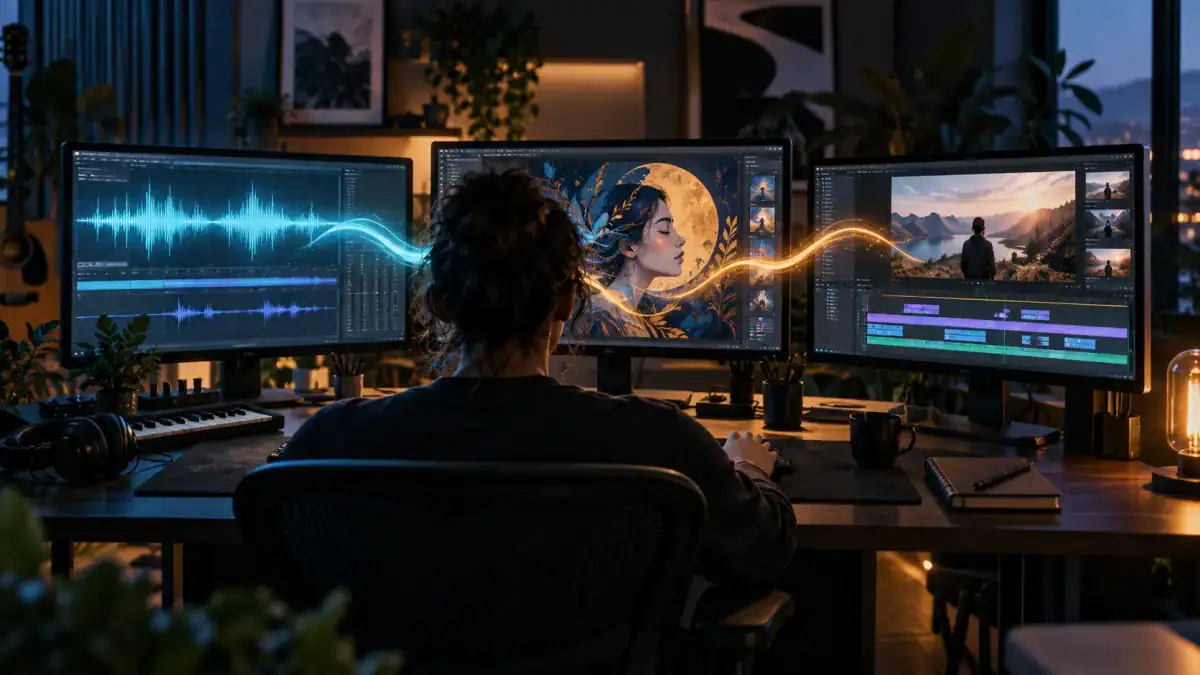 Creator working with music, image, and video tools on three screens