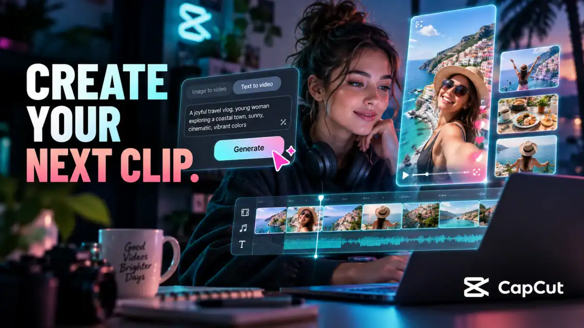 CapCut promotional illustration with video editing and brand mark