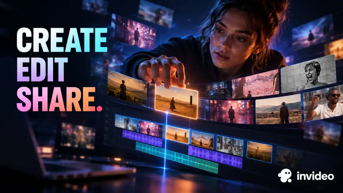 InVideo promotional illustration with video storyboard and brand mark