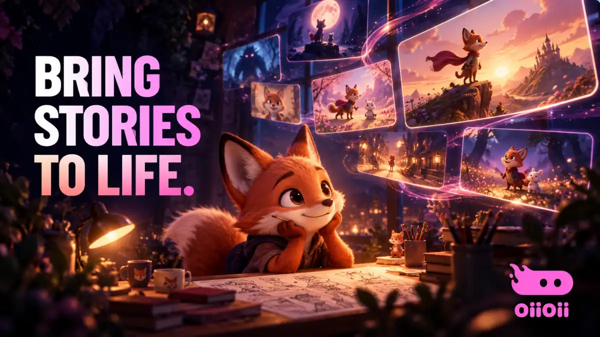 OiiOii promotional illustration with animated story scenes and brand mark