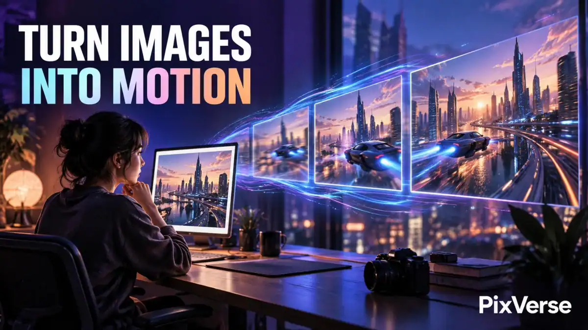 Editorial PixVerse illustration showing a still city image becoming moving video frames