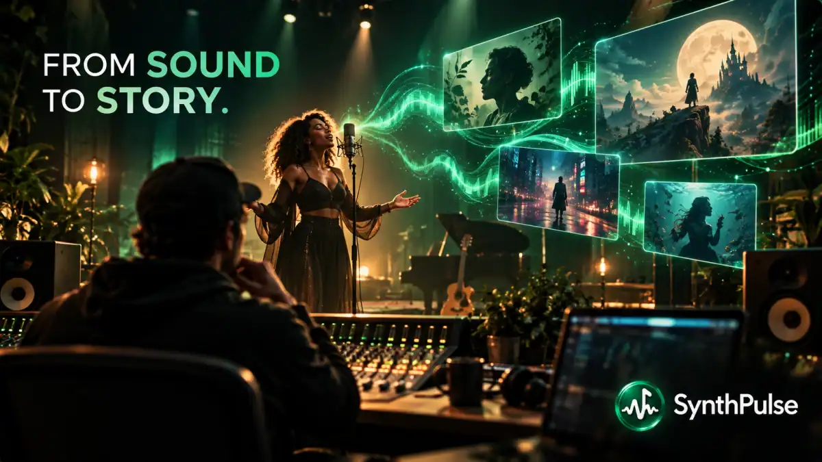 SynthPulse illustration showing a song becoming visual stories, with From Sound to Story headline and brand mark