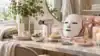 Beauty and wellness products arranged on a bright modern vanity