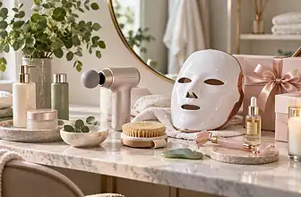 Beauty and wellness products arranged on a bright modern vanity