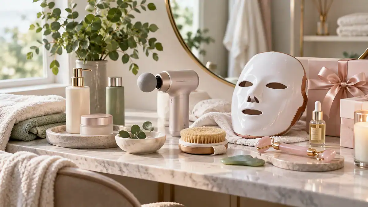 Beauty and wellness products arranged on a bright modern vanity