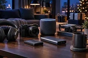 Black Friday technology products arranged in a modern living room