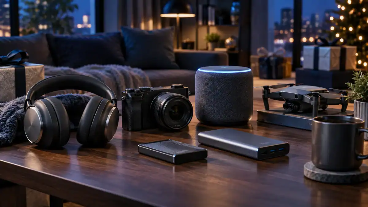 Black Friday technology products arranged in a modern living room