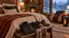 Heated winter gear and bedding in a cozy snowy cabin