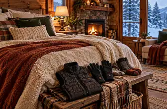Heated winter gear and bedding in a cozy snowy cabin
