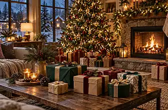 Christmas gifts arranged in a warm holiday living room