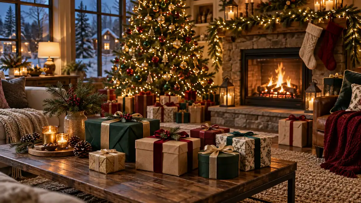 Christmas gifts arranged in a warm holiday living room