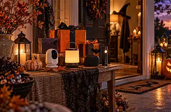 Halloween gifts and gadgets in a candlelit autumn entryway