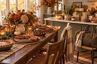 Thanksgiving hostess gifts in a warm dining room and kitchen