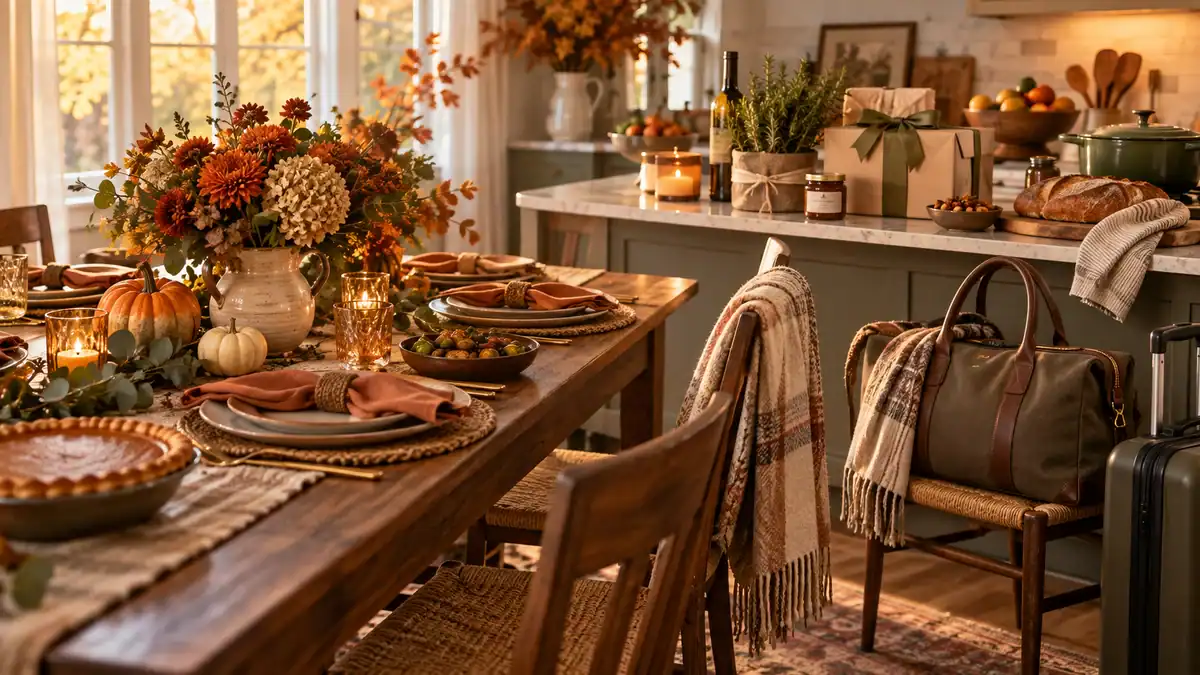 Thanksgiving hostess gifts in a warm dining room and kitchen