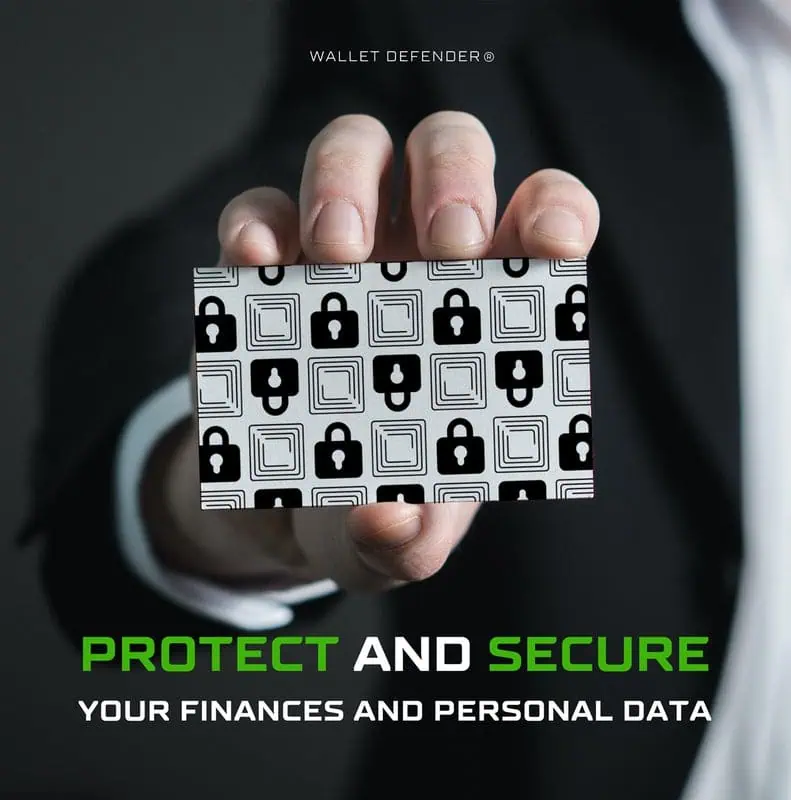 Wallet Defender RFID-blocking card held in a hand